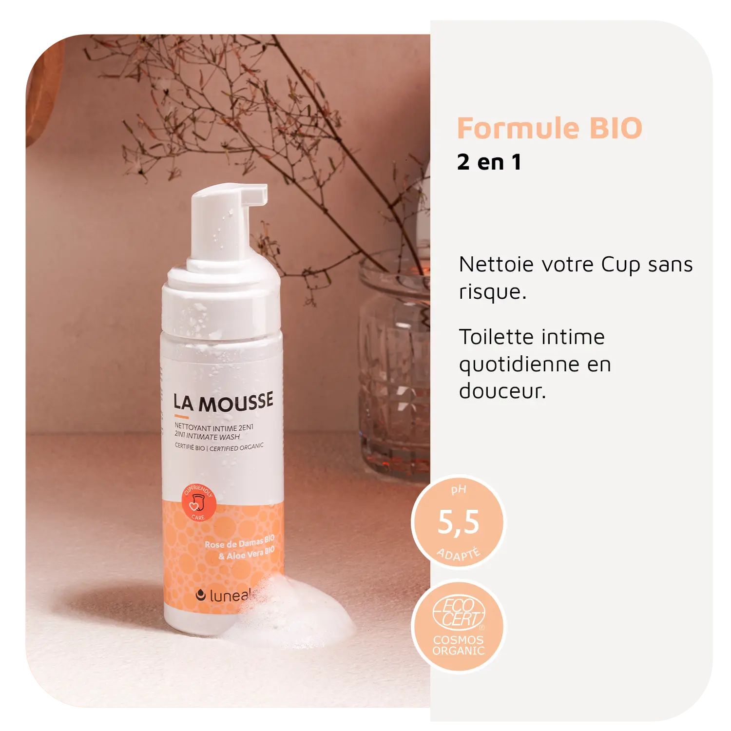 La Mousse Luneale-nettoyant intime bio et nettoyage cup menstruelle- sdb