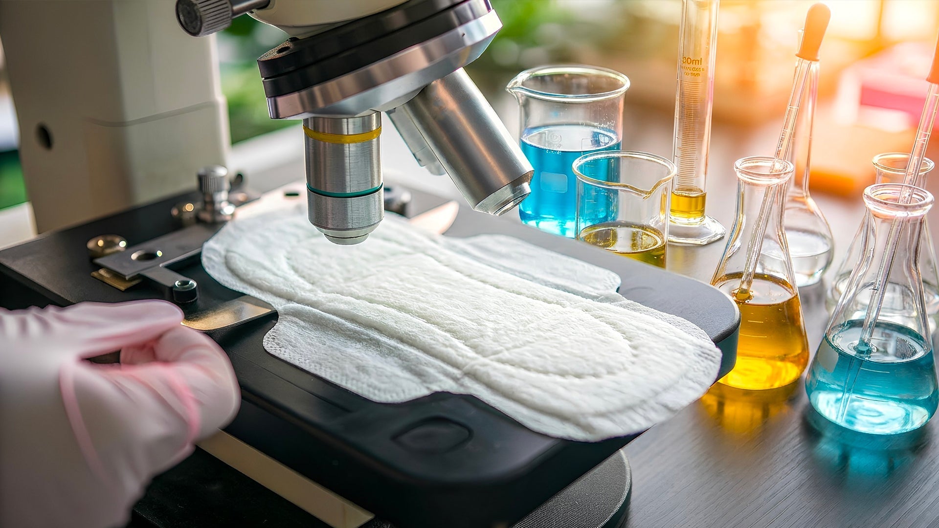 Une personne examine une serviette hygienique periodique au microscope illustrant un article qui parle de la composition des serviettes