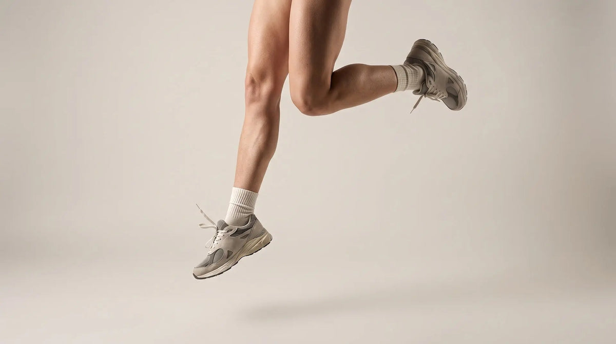 Gros plan sur les jambes en plein saut pendant un effort sportif, illustrant l'impact physique du sport sur le périnée