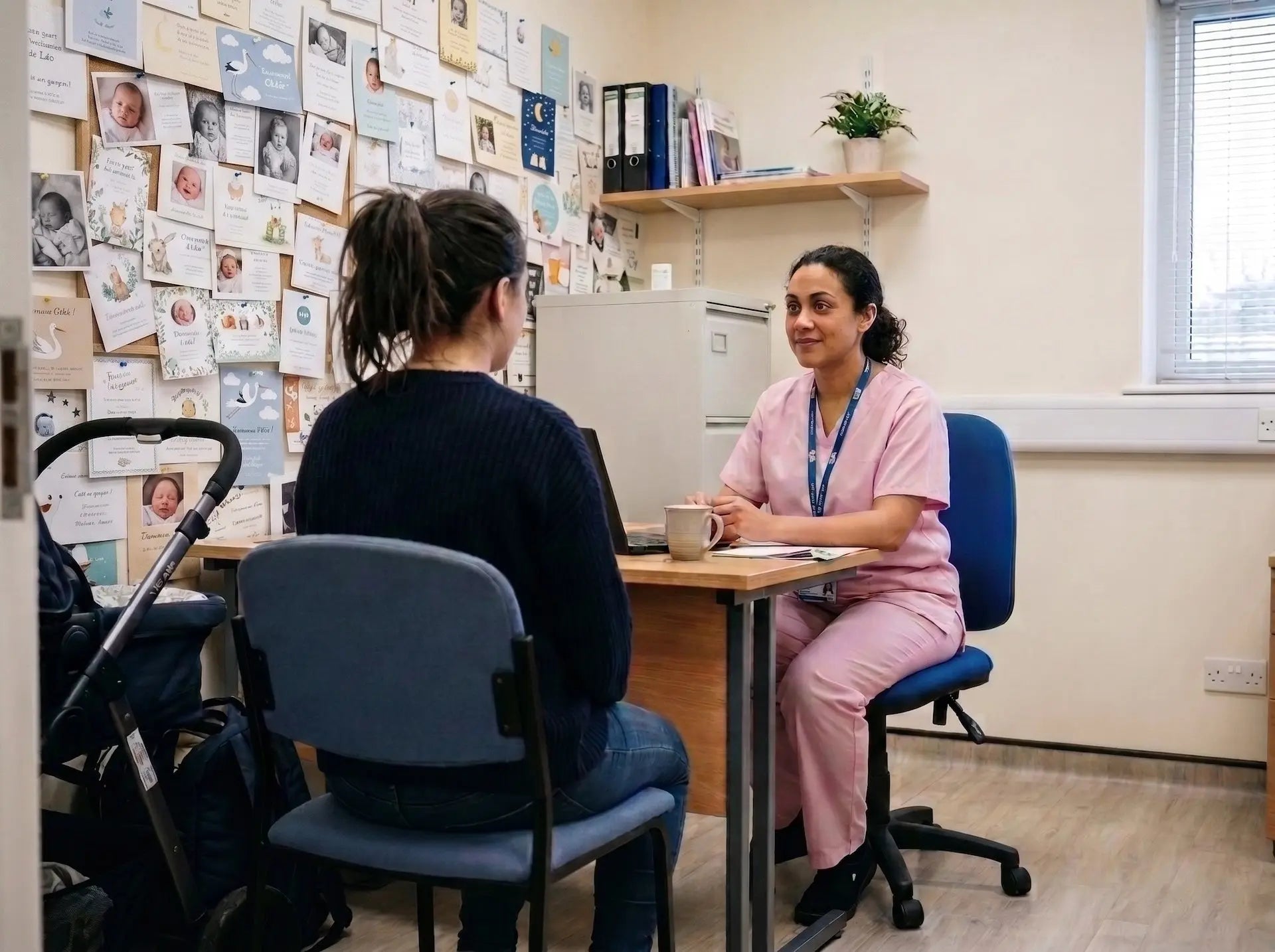 Jeune maman en consultation avec une sage-femme, règles abondantes après l'accouchement