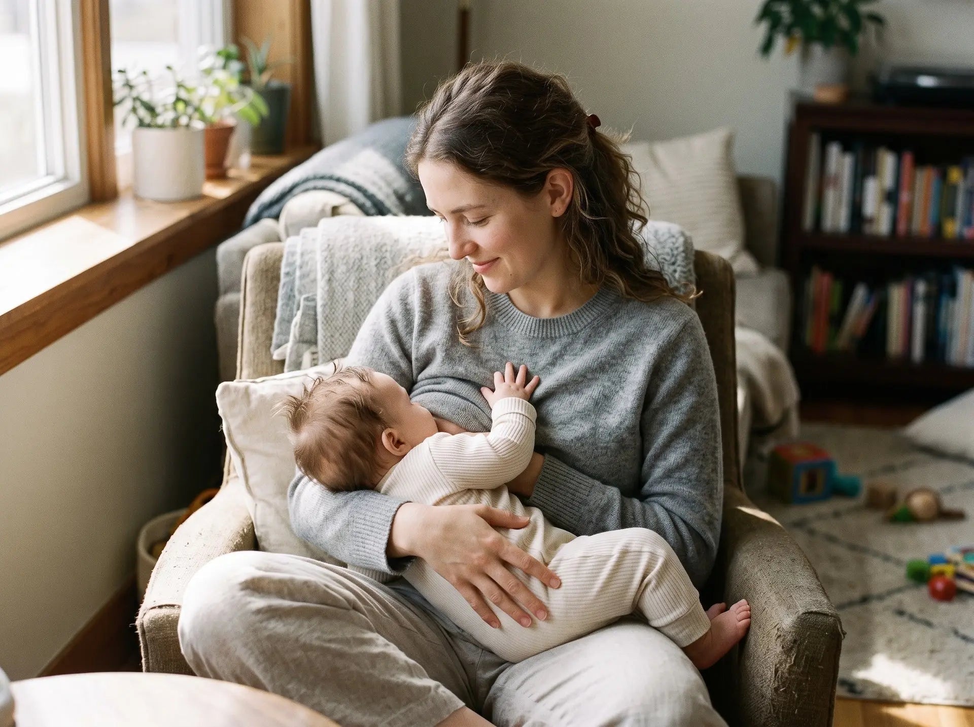 Jeune maman qui allaite son bébé, période de retour de couches après l'accouchement Image