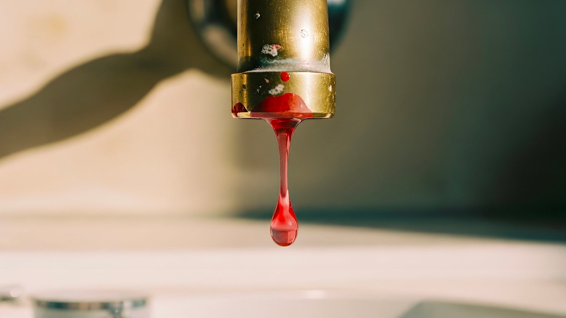 robinet duquel s'écoule un peu de sang illustrant un articles sur les causes et solutions des fuites avec une cup menstruelle Bild