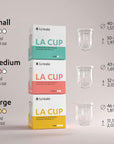 Caractéristiques des trois tailles de La Cup Luneale (S, M, L) avec leurs boîtes : dimensions et contenances pour flux légers, moyens et abondants. Cups menstruelles françaises innovantes, protection périodique durable idéale pour le sport et le quotidien.