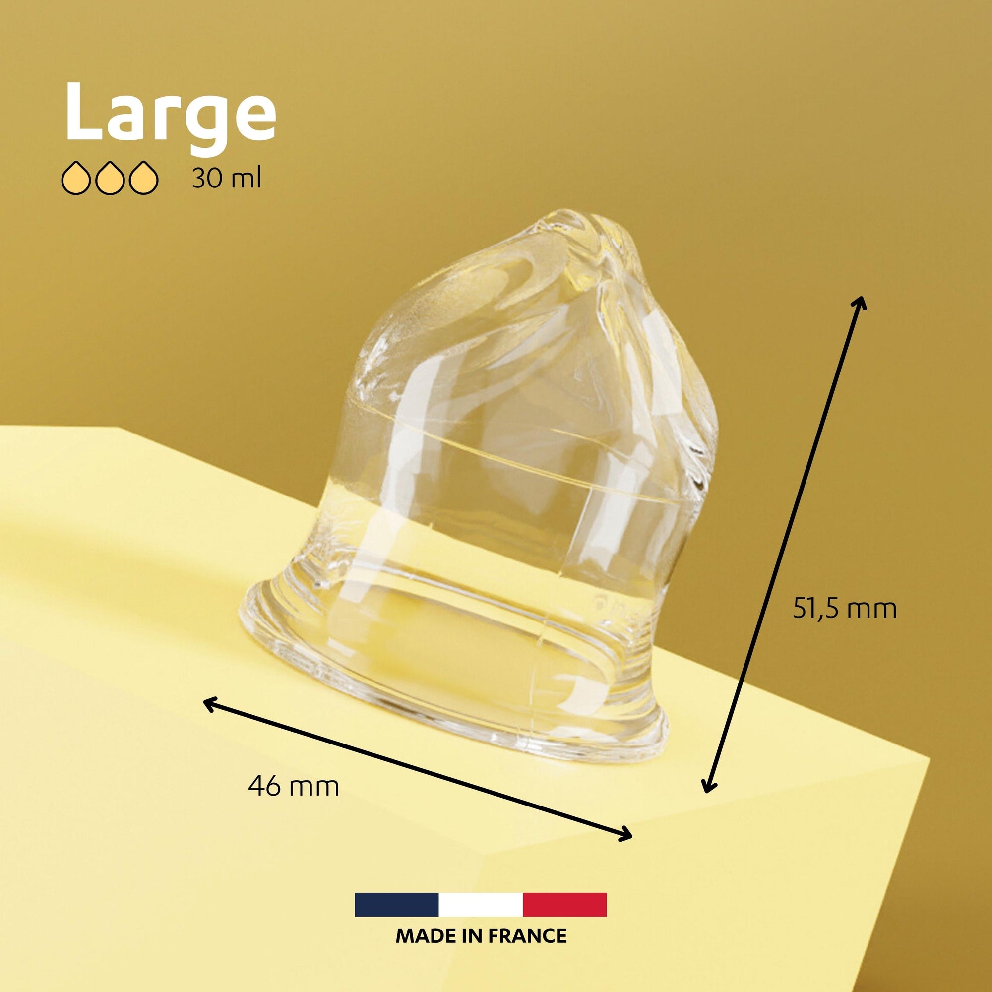 Caractéristiques de La Cup Luneale taille L : dimensions et contenance adaptées aux flux abondants. Cup menstruelle française innovante, idéale pour le quotidien, le sport, et une protection périodique durable et confortable.