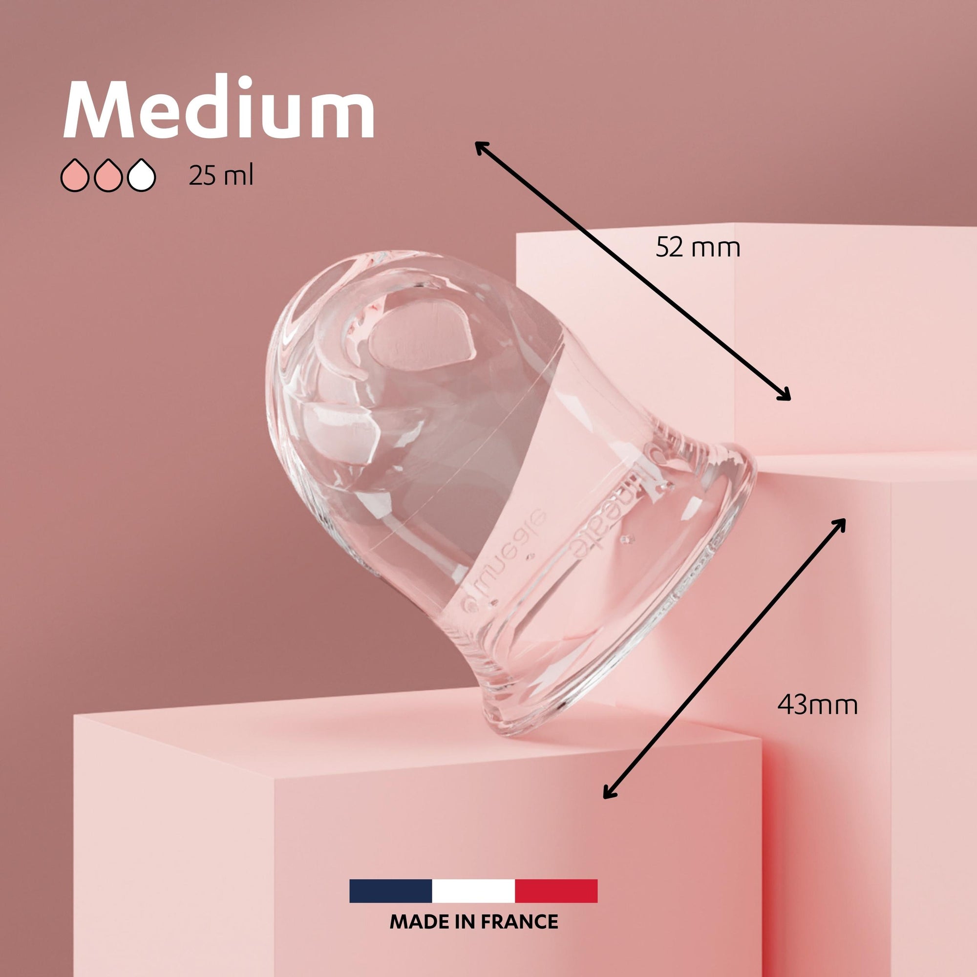 Caractéristiques de La Cup Luneale taille M : dimensions et contenance adaptées aux flux moyens. Cup menstruelle française innovante, idéale pour le quotidien, le sport, et une protection périodique durable et confortable.