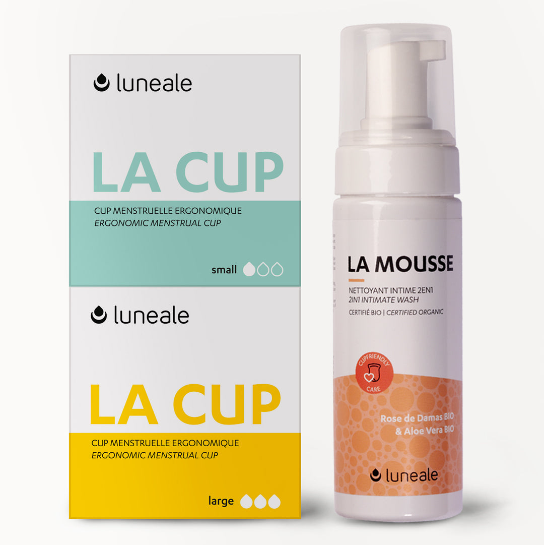 Pack Duo Luneale - lot de 2 cups menstruelles + mousse nettoyante Bio (taille S et L)