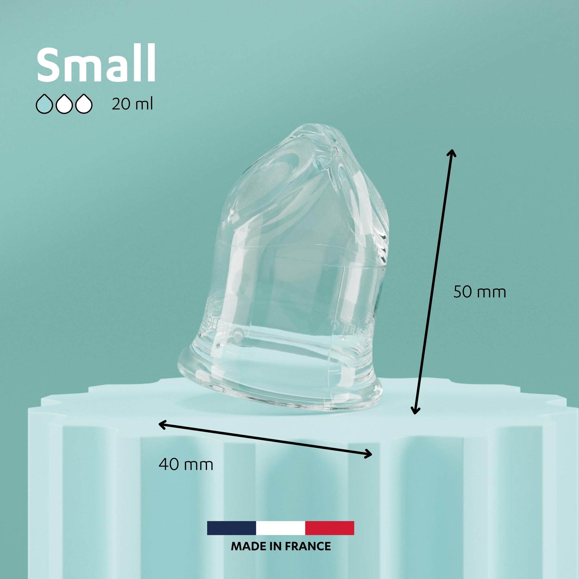 Caractéristiques de La Cup Luneale taille S : dimensions et contenance adaptées aux flux légers. Cup menstruelle française innovante, idéale pour les débutantes, le sport, et une protection périodique durable et confortable.