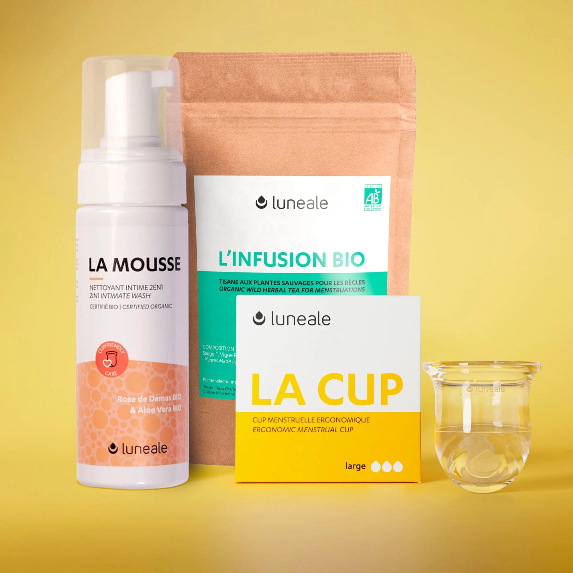 Pack Découverte Luneale - Cup menstruelle taille L + La Mousse nettoyant intime Bio + L'Infusion contre les douleurs de règles