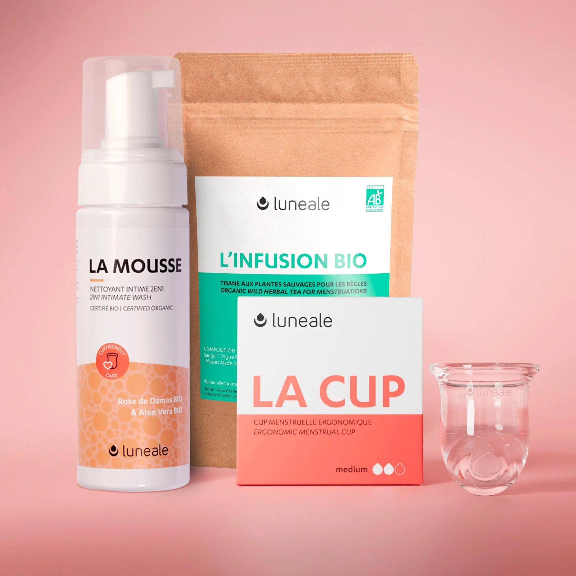 Pack Découverte Luneale - Cup menstruelle taille M + La Mousse nettoyant intime Bio + L'Infusion contre les douleurs de règles