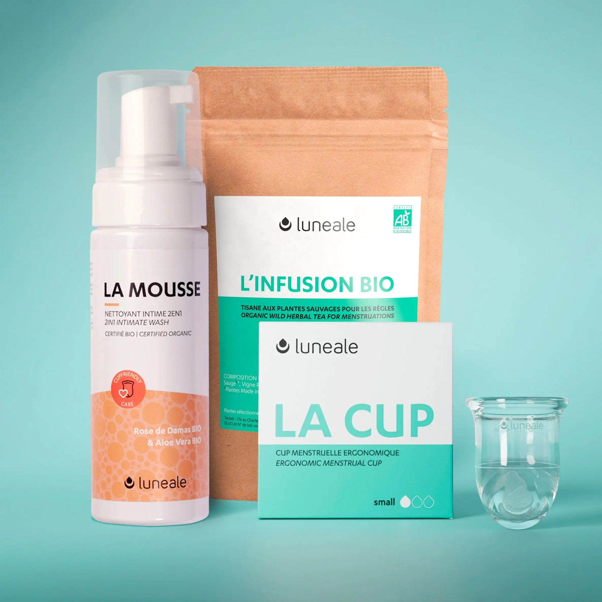 Pack Découverte Luneale - Cup menstruelle taille S + La Mousse nettoyant intime Bio + L'Infusion contre les douleurs de règles